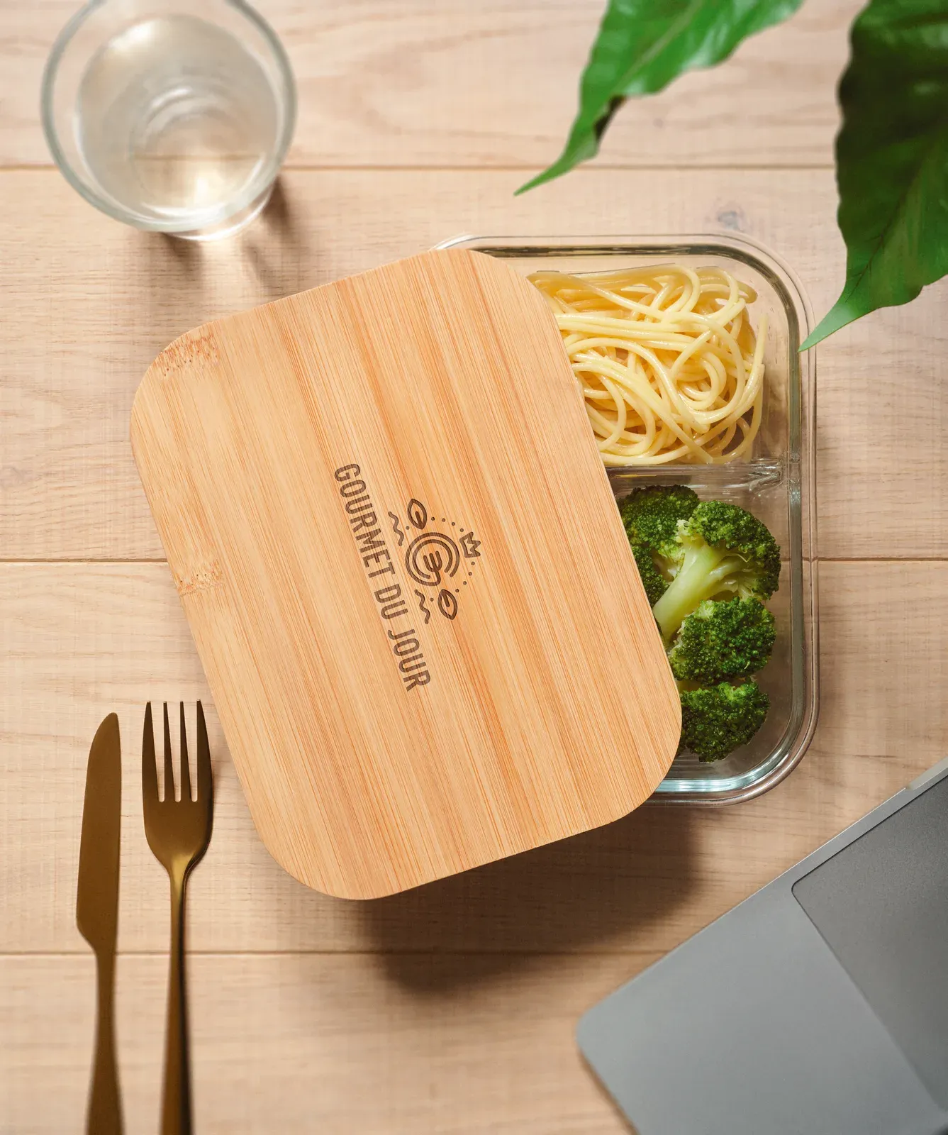 Tundra 3 – Lunch Box in Borosilicate Glass with 3 Compartments, Bamboo Lid and Silicone Band — Transparent