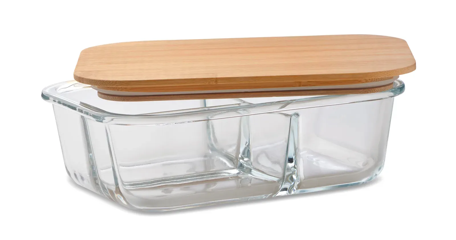 Tundra 3 – Lunch Box in Borosilicate Glass with 3 Compartments, Bamboo Lid and Silicone Band — Transparent