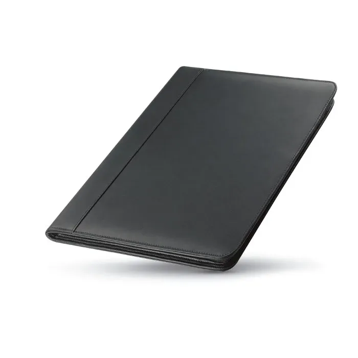 Conference A4 Bonded Leather Folder – Zipped, 4 Compartments & Pen Holder — Black