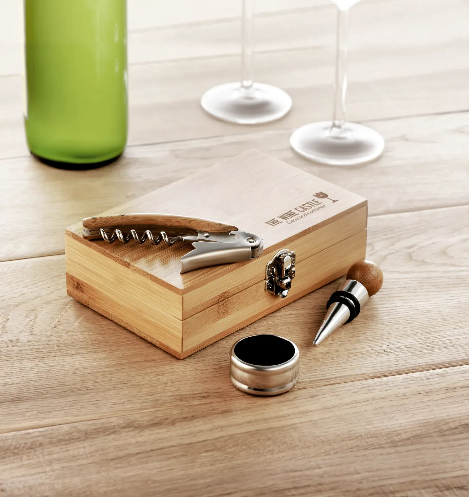 Sonoma – Wine Set in Bamboo Box Includes a Corkscrew, Wine Collar, and Stopper in Stainless Steel and Bamboo — Wood