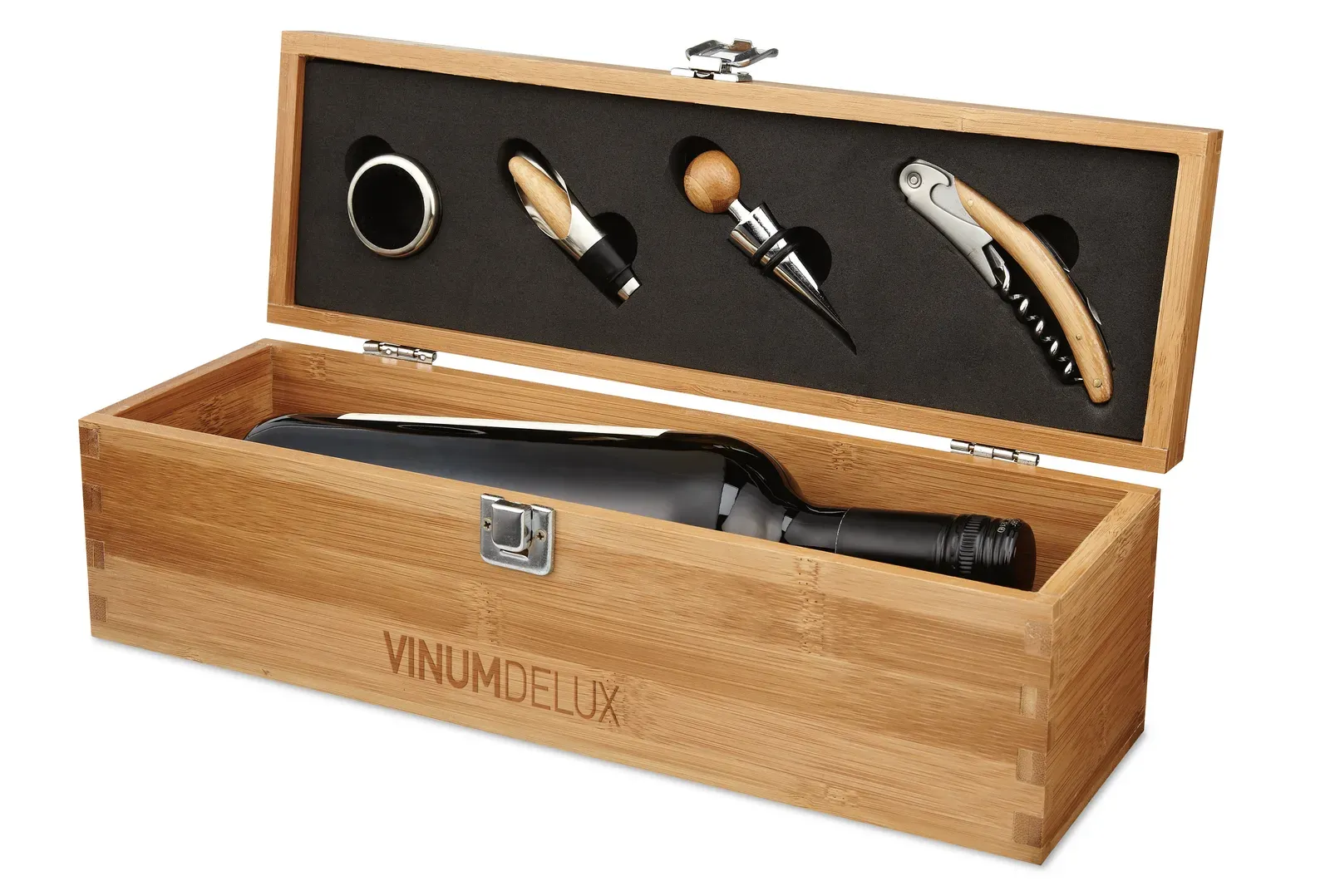 Tardor – Wine Set in Bamboo Gift Box with Space for One Wine Bottle; Includes Bottle Collar, Pourer, Stopper, and Corkscrew — Wood
