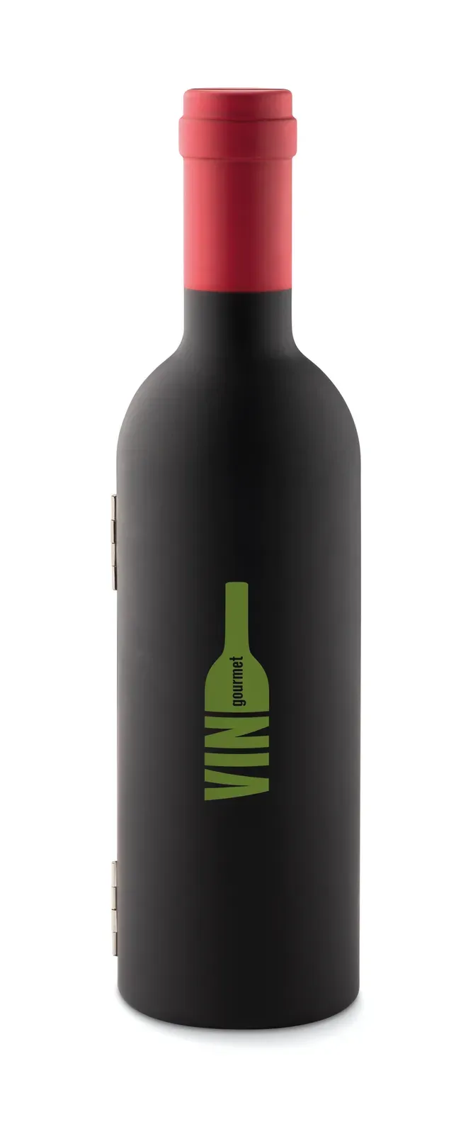 Settie – Wine Set Presented in Bottle Shaped Box; With Wine Stopper, Corkscrew and Anti Drip Collar; Magnetic Closing — Black