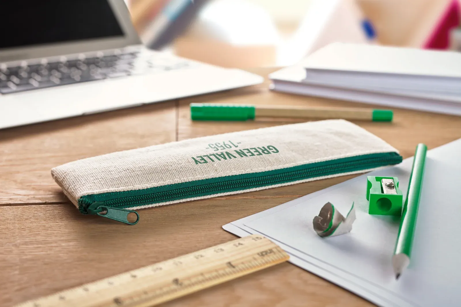 Tekina 6-Piece Stationery Set – Jute & Cotton Case with Wooden Ruler & Pen — Green