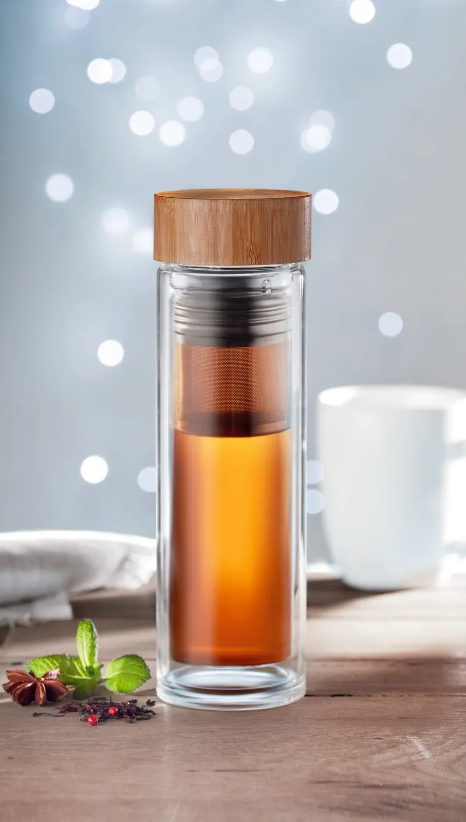 Batumi Glass – Double Wall in High Borosilicate Glass Bottle and Bamboo Lid with Tea Infuser — Transparent