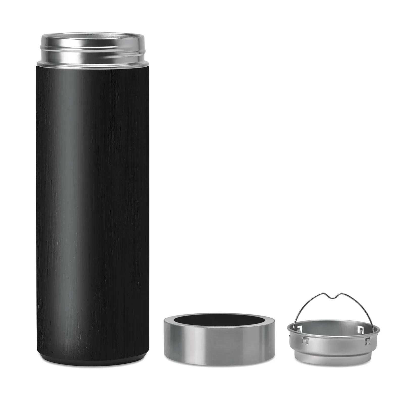 Batumi – Double Wall Stainless Steel Insulating Vacuum Flask with Bamboo Cover and Additional Tea Infuser — Black