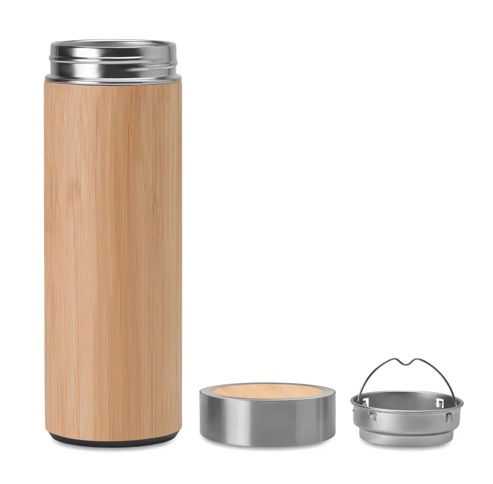 Batumi – Double Wall Stainless Steel Insulating Vacuum Flask with Bamboo Cover and Additional Tea Infuser — Wood