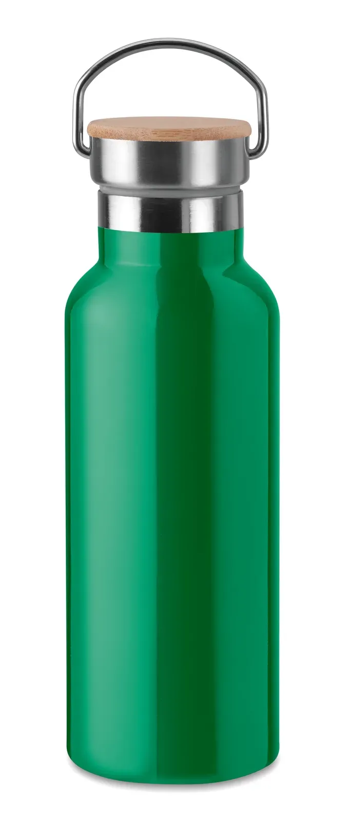 Helsinki – Double Wall Stainless Steel Insulating Vacuum Flask with Lid in Bamboo and Carry Handle — Green
