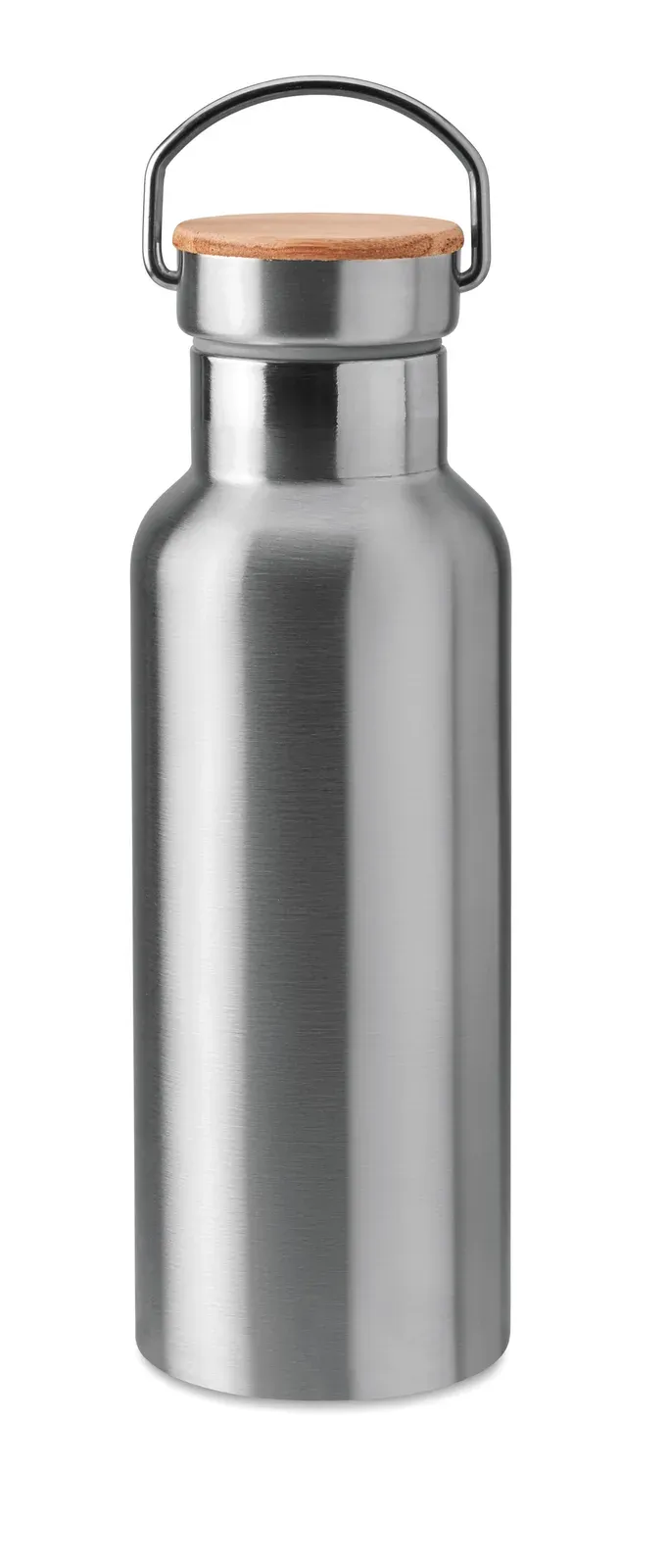 Helsinki – Double Wall Stainless Steel Insulating Vacuum Flask with Lid in Bamboo and Carry Handle — Matt Silver