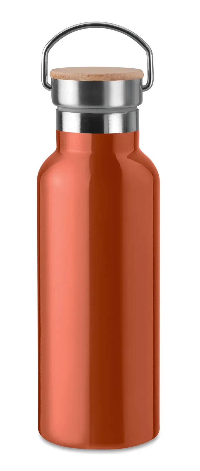 Helsinki – Double Wall Stainless Steel Insulating Vacuum Flask with Lid in Bamboo and Carry Handle — Orange