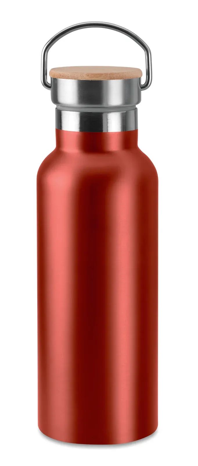 Helsinki – Double Wall Stainless Steel Insulating Vacuum Flask with Lid in Bamboo and Carry Handle — Red