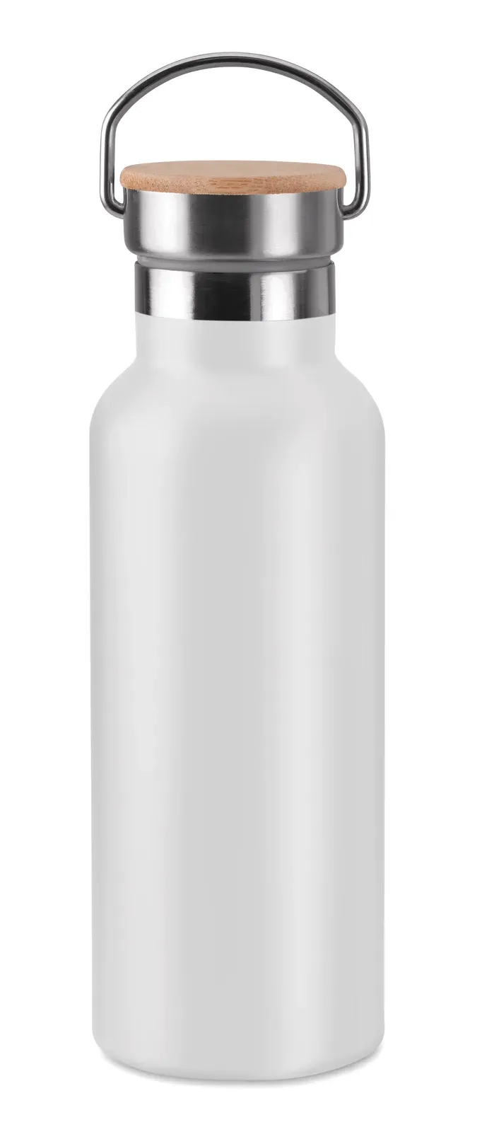 Helsinki – Double Wall Stainless Steel Insulating Vacuum Flask with Lid in Bamboo and Carry Handle — White