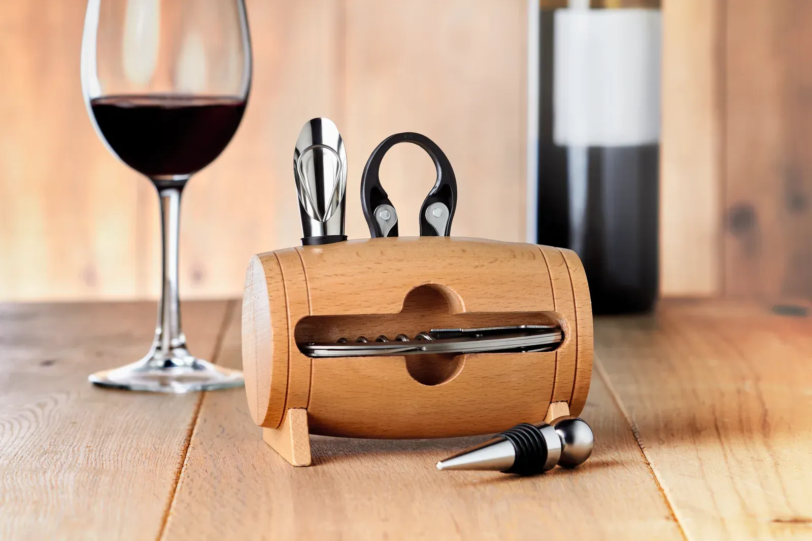 Bota – Wooden Stand with 4 Wine Accessories; Including waiter's Knife, Wine Stopper, Wine Pourer with Stopper and Foil — Wood