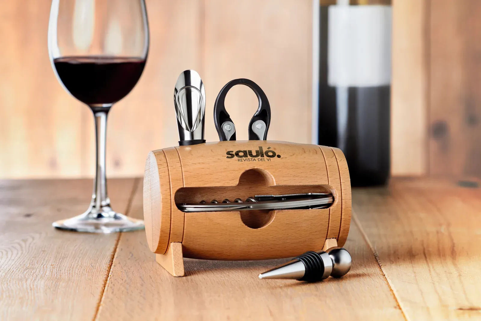 Bota – Wooden Stand with 4 Wine Accessories; Including waiter's Knife, Wine Stopper, Wine Pourer with Stopper and Foil — Wood