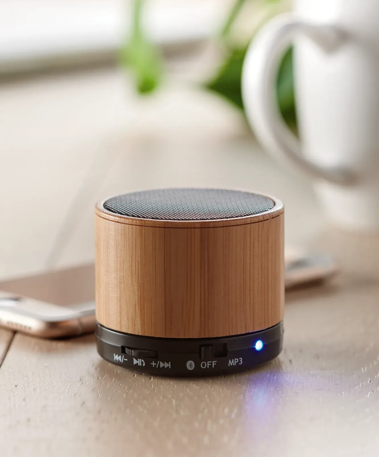 Round Bamboo 4.2 Wireless Speaker – LED Light, Hands-Free Calling — Black