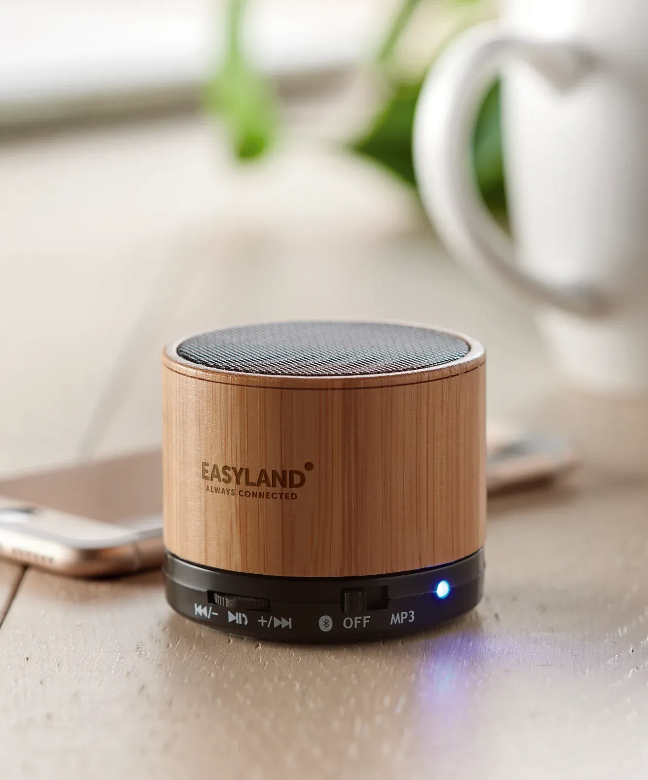 Round Bamboo 4.2 Wireless Speaker – LED Light, Hands-Free Calling — Black