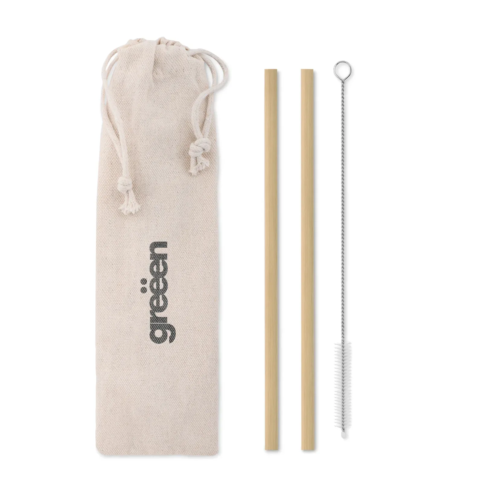 Natural Straw – Bamboo Straw with Brush in Pouch — Beige