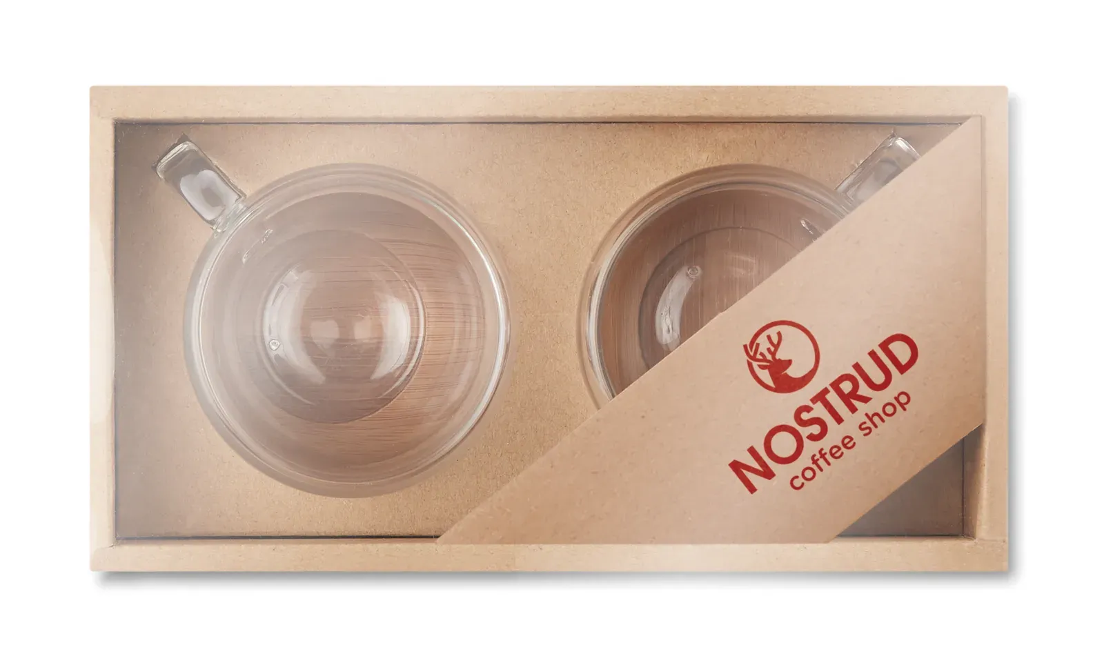 Belize – Set of 2 Double Wall Espresso Glasses with Bamboo Saucer; Presented in Kraft Paper Box — Transparent