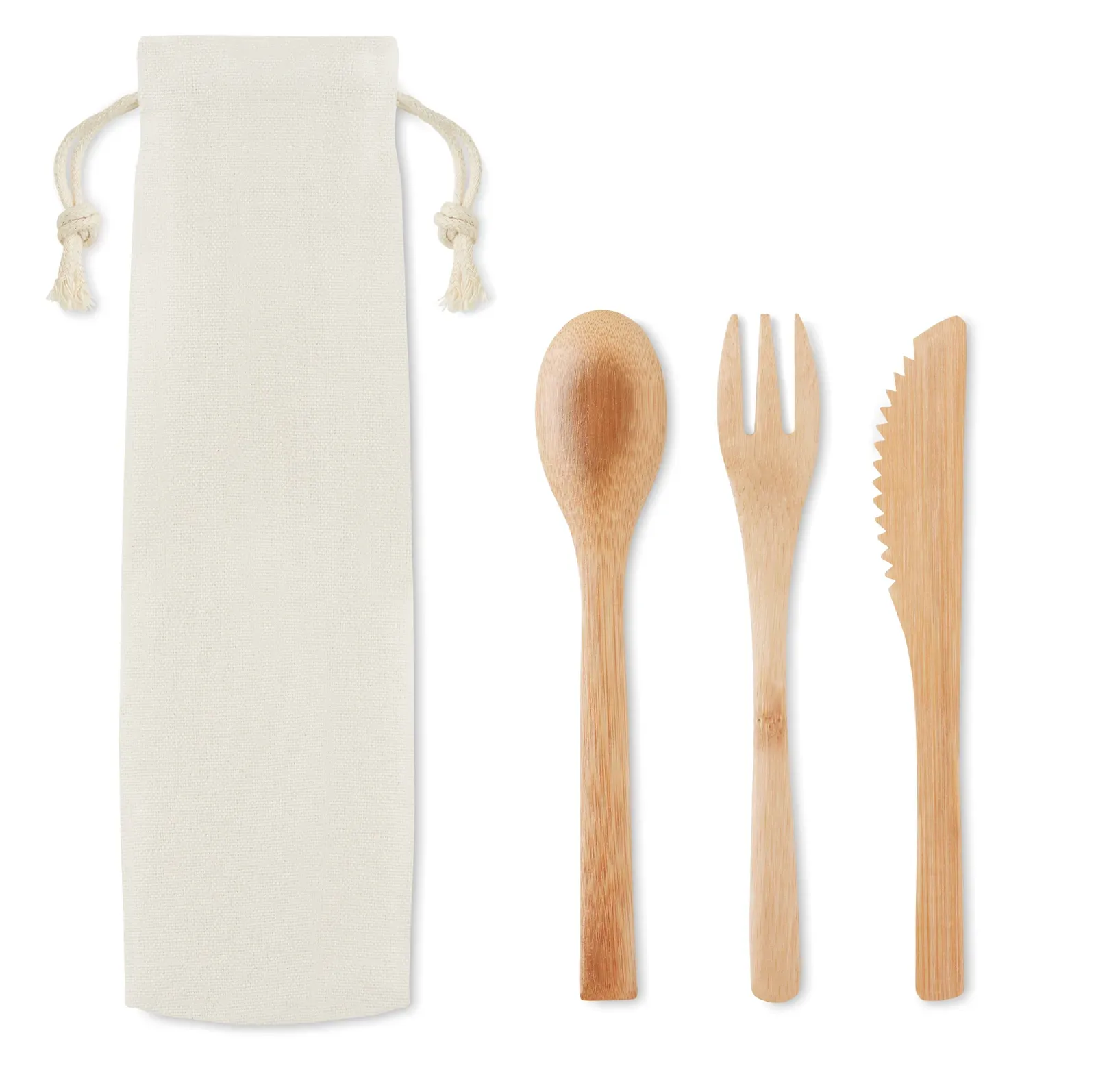 Setboo – Re-Usable Bamboo Cutlery Set in Canvas Pouch; Includes Knife, Fork and Spoon — Beige