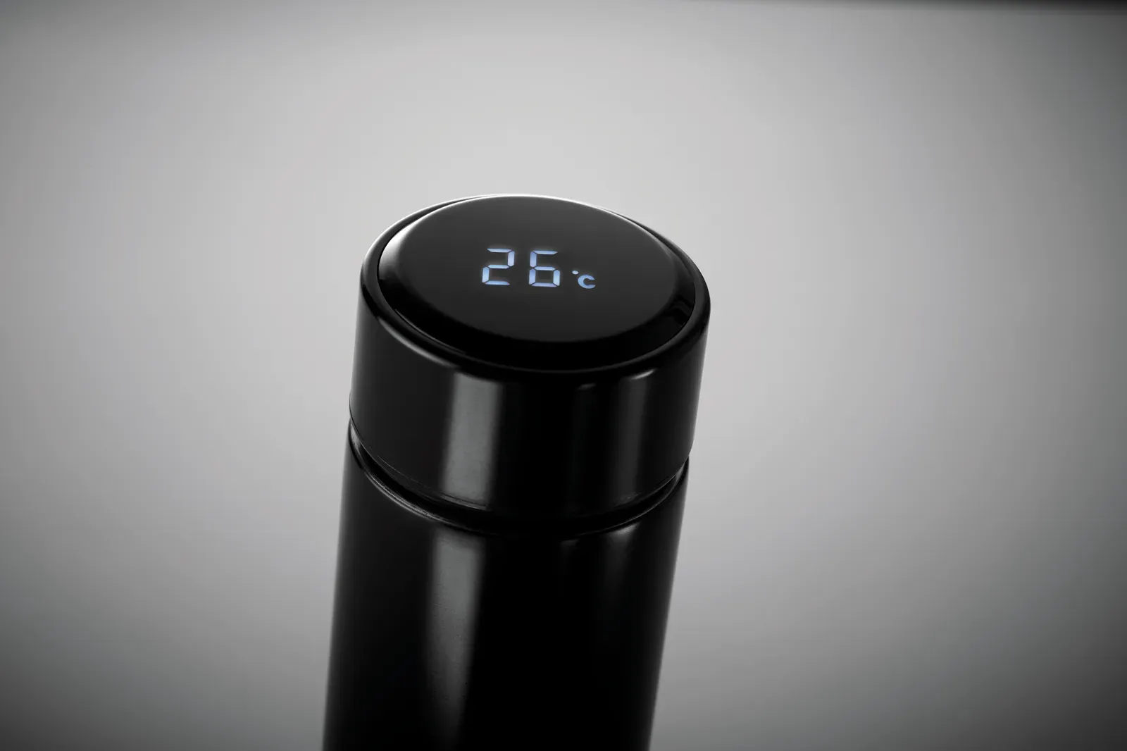Pole – Double Wall Stainless Steel Insulating Vacuum Bottle; It Has an LED Touch Thermometer Incorporated in to the Top — Black