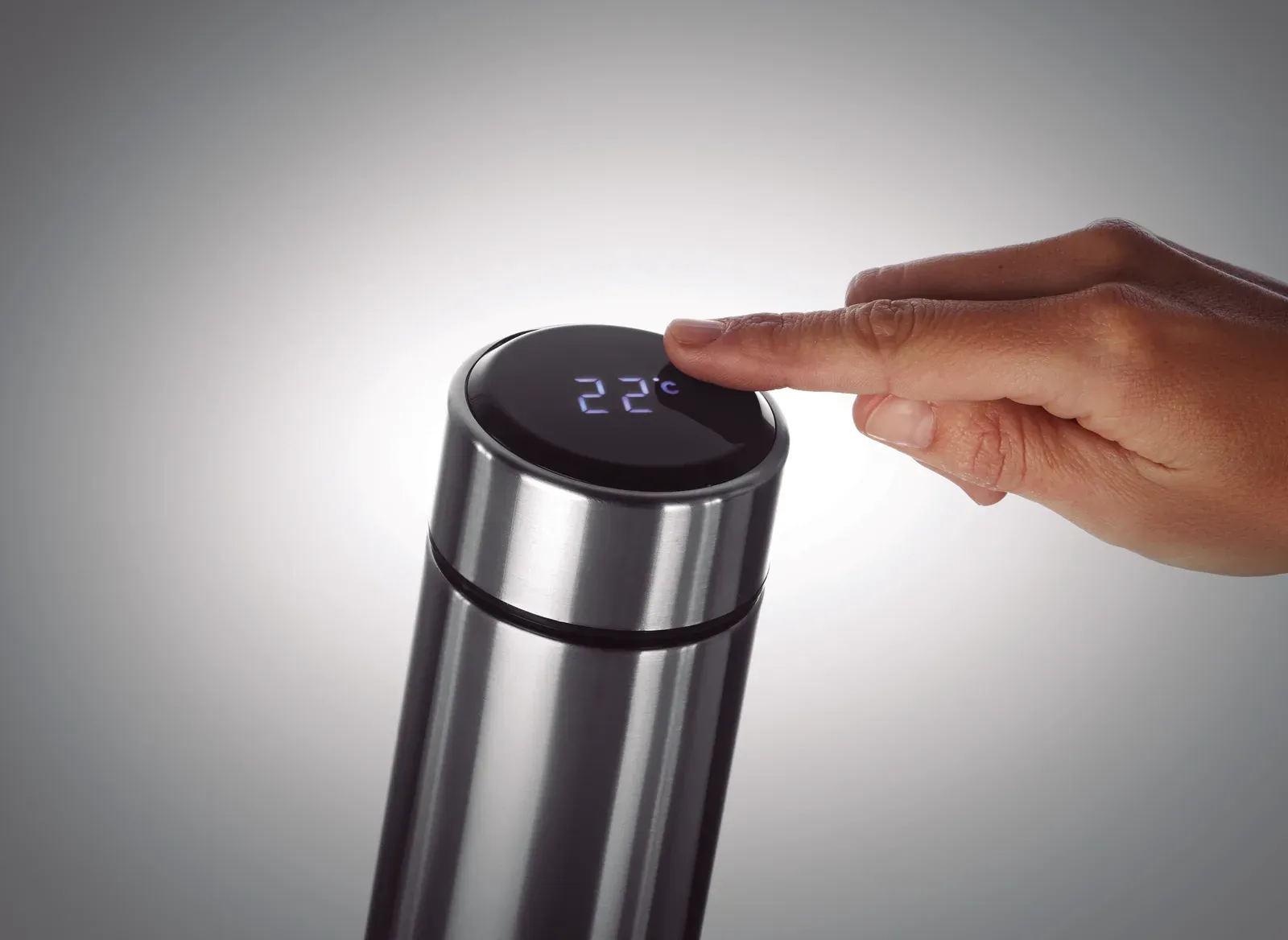 Pole – Double Wall Stainless Steel Insulating Vacuum Bottle; It Has an LED Touch Thermometer Incorporated in to the Top — Matt Silver