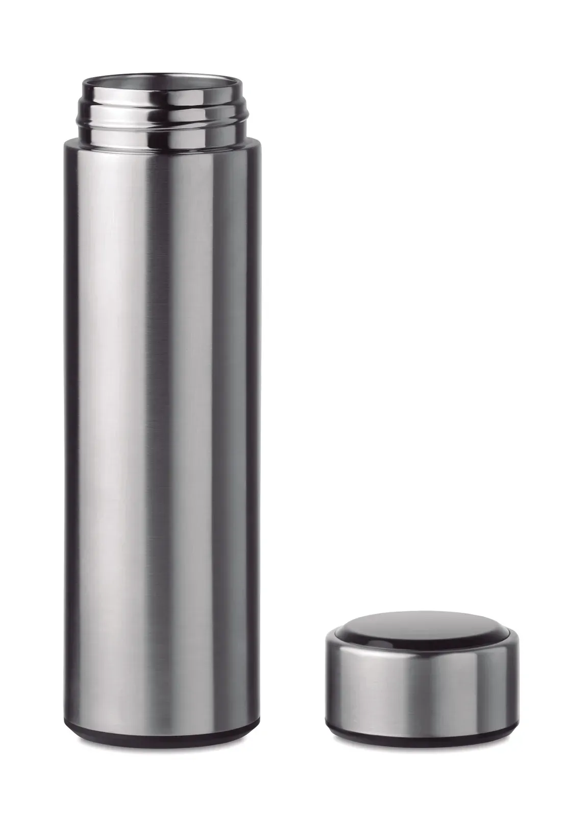 Pole – Double Wall Stainless Steel Insulating Vacuum Bottle; It Has an LED Touch Thermometer Incorporated in to the Top — Matt Silver