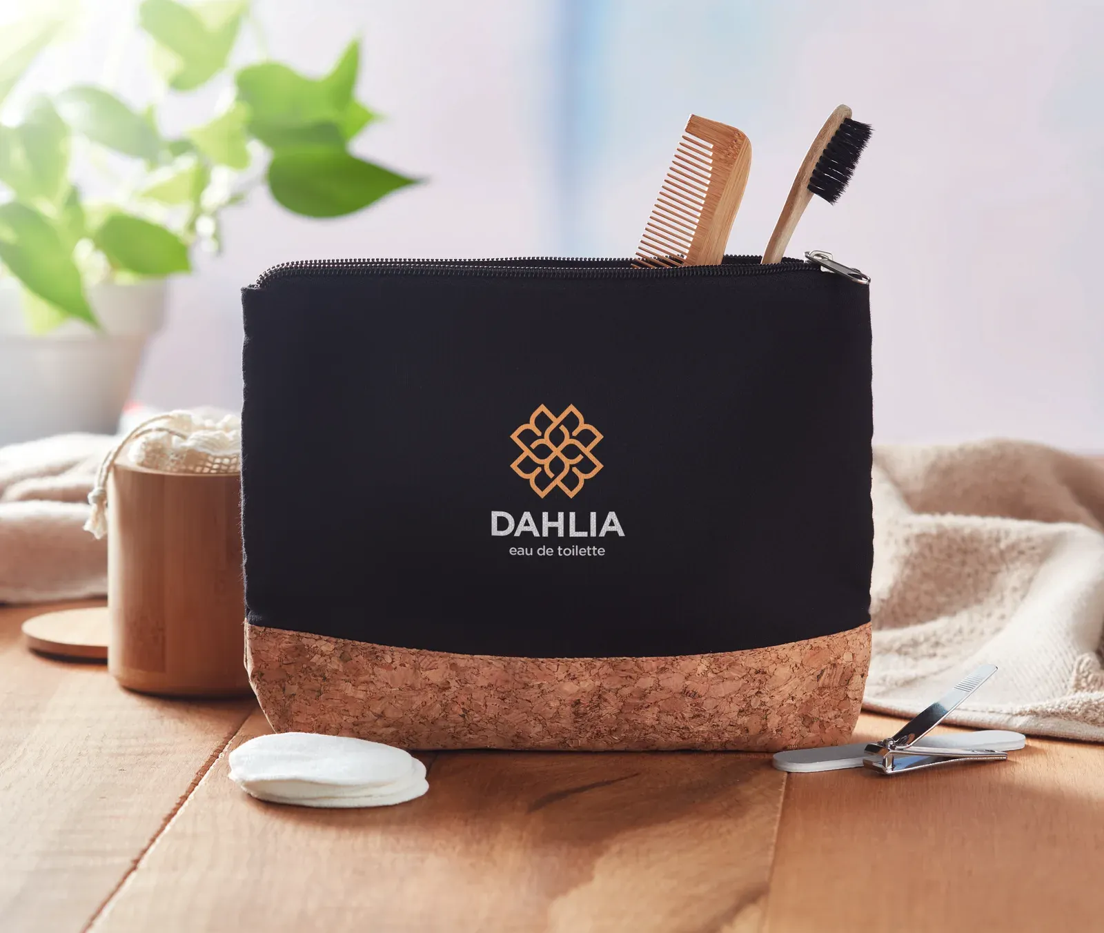 Porto Bag Cotton Cosmetic Bag Cork Detail — Black