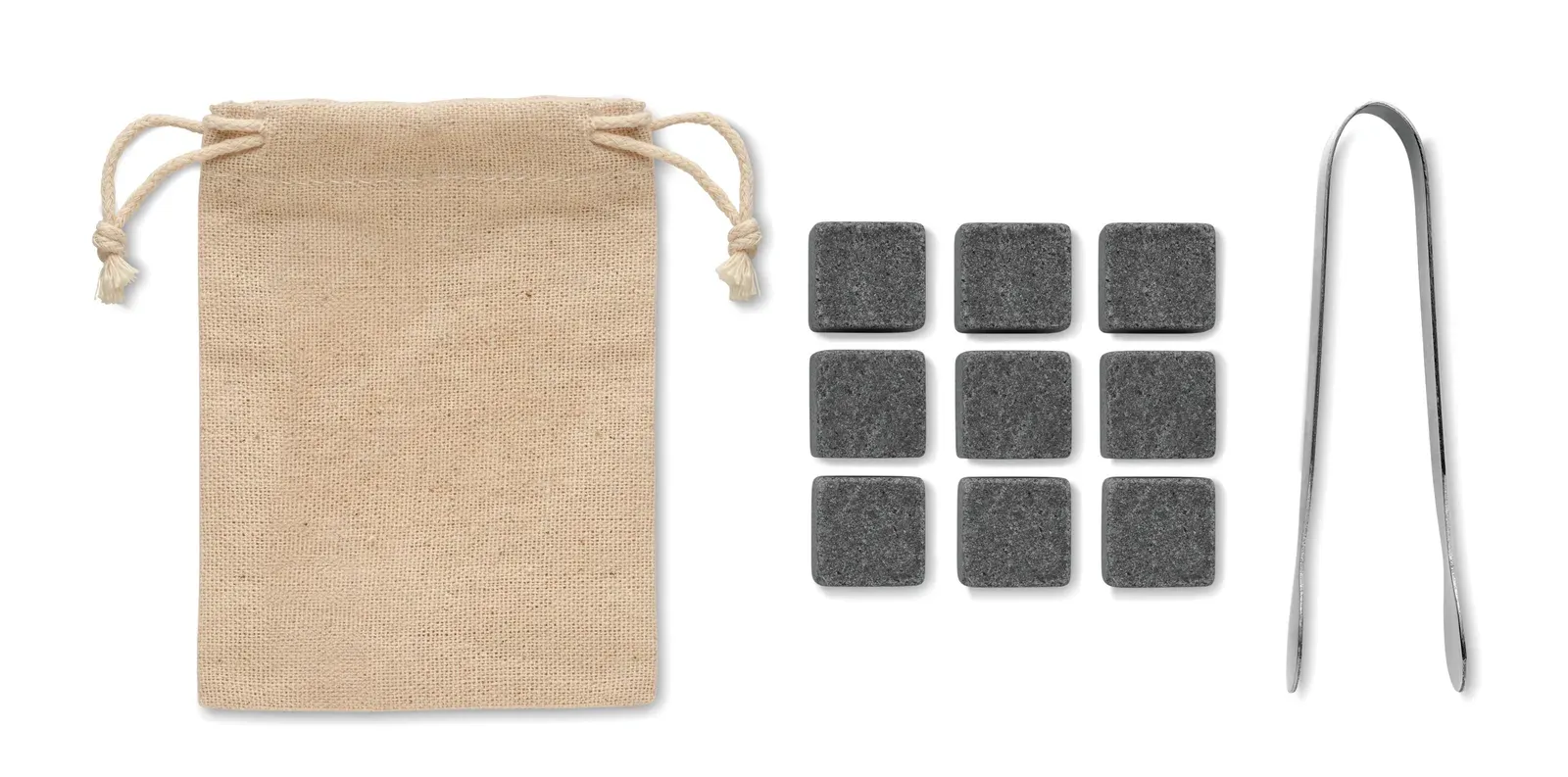 Dundalk – Reusable Stone Set in Bamboo Gift Box; Includes 9 Reusable Stone Ice Cubes with Storage Cotton Pouch and Tongs — Wood