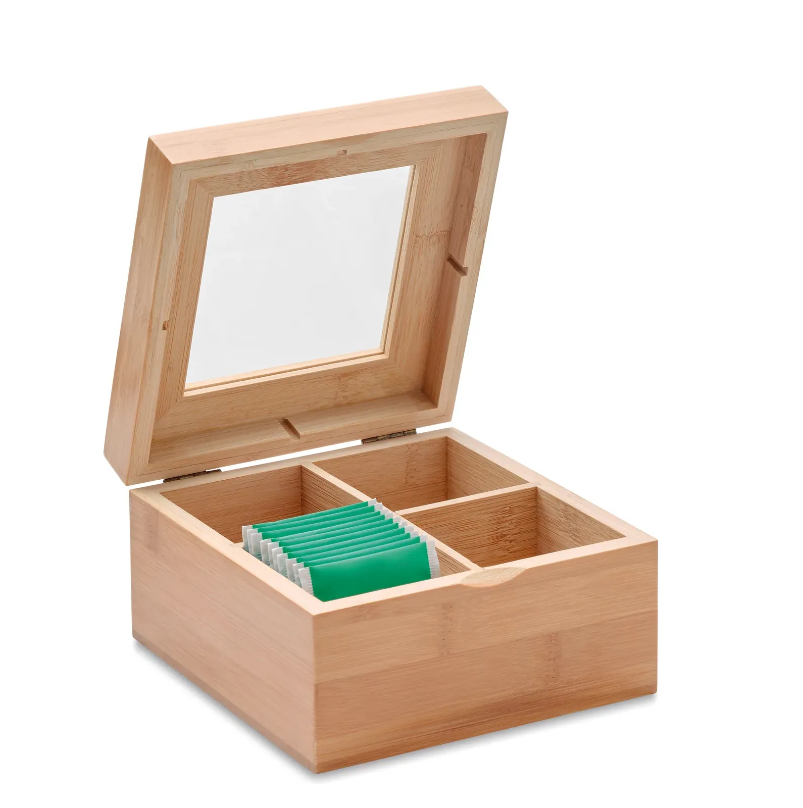Campo Tea – Bamboo Tea Box with Transparent Glass Lid; Within the 4 Equally Divided Compartments You Can Easily Hold Up — Wood