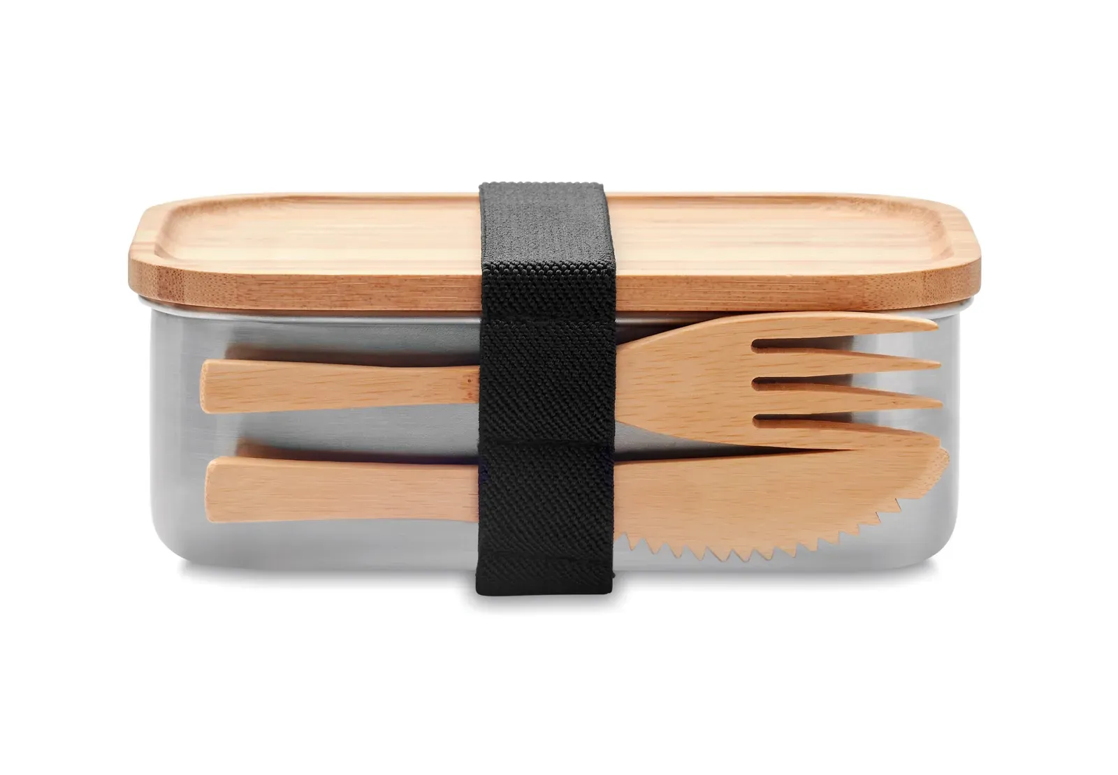 Savanna – Stainless Steel Lunch Box with Bamboo Lid and 2 Cutlery Utensils with Attachable Polyester Band — Wood