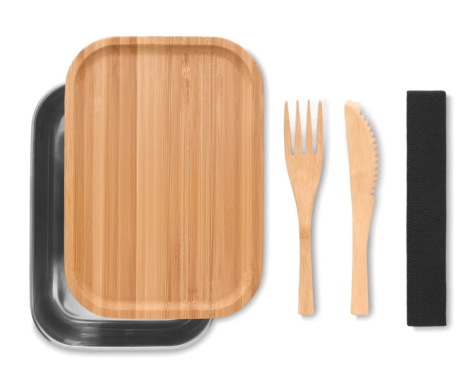 Savanna – Stainless Steel Lunch Box with Bamboo Lid and 2 Cutlery Utensils with Attachable Polyester Band — Wood