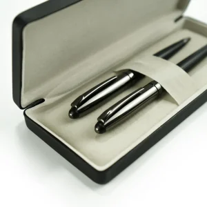Black Metal Pen Set with Matte & Glossy Finish in PU Leather Box - Image 3
