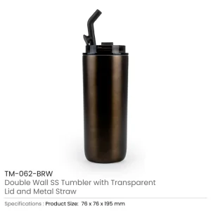 Double Wall SS Tumblers with Transparent Lid and Metal Straw - 500ml - Image 8