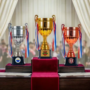 Metal Cup Trophies with Removable Ribbon Attached to Both Handles - Image 3